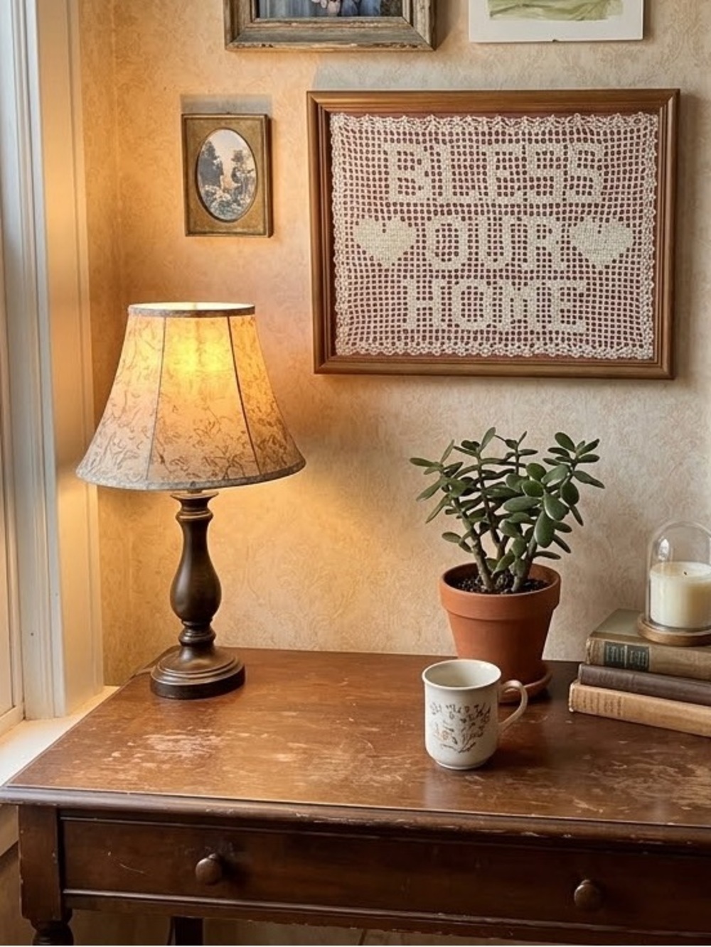 Handmade Crochet 'Bless Our Home' Framed Doily, White on Pink in wood frame